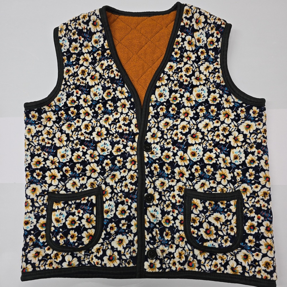 Vintage Velvet‎ Soft Quilted Floral Vest Quilted Pockets Buttons
